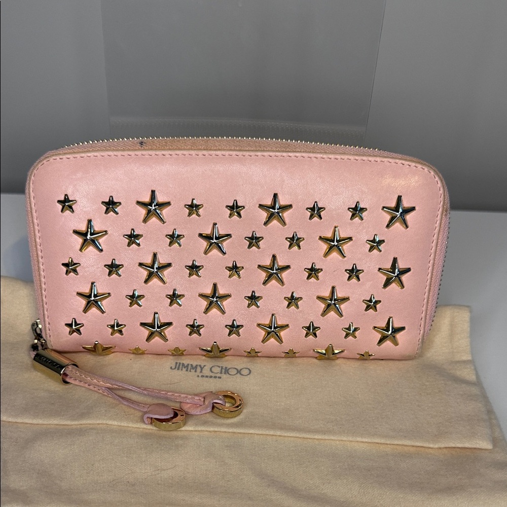 Jimmy Choo Pink Wallet with Gold Star Accents and a dust bag